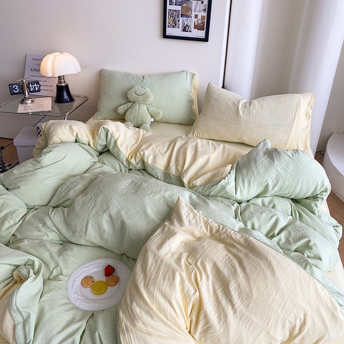 91家纺网 家纺一手货源 找家纺 南通菲度家纺 2025新款超柔皱皱水洗棉纯色四件套 芝士奶绿