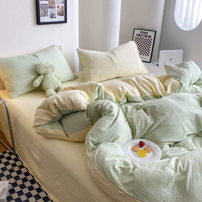 91家纺网 家纺一手货源 找家纺 南通菲度家纺 2025新款超柔皱皱水洗棉纯色四件套 芝士奶绿