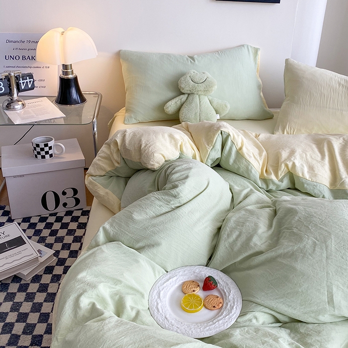 91家纺网 家纺一手货源 找家纺 南通菲度家纺 2025新款超柔皱皱水洗棉纯色四件套 芝士奶绿