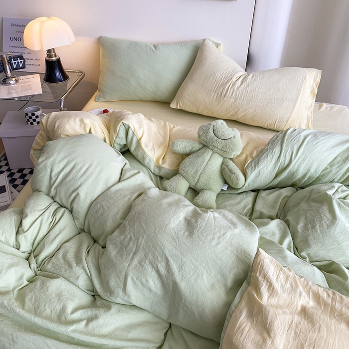 91家纺网 家纺一手货源 找家纺 南通菲度家纺 2025新款超柔皱皱水洗棉纯色四件套 芝士奶绿