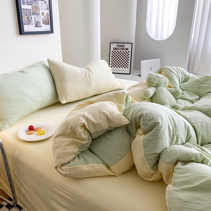 91家纺网 家纺一手货源 找家纺 南通菲度家纺 2025新款超柔皱皱水洗棉纯色四件套 芝士奶绿