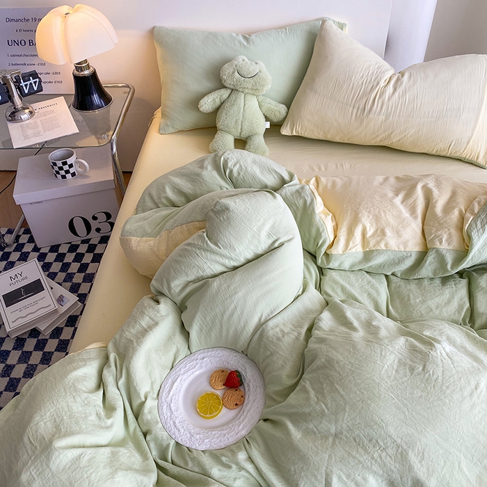 91家纺网 家纺一手货源 找家纺 南通菲度家纺 2025新款超柔皱皱水洗棉纯色四件套 芝士奶绿