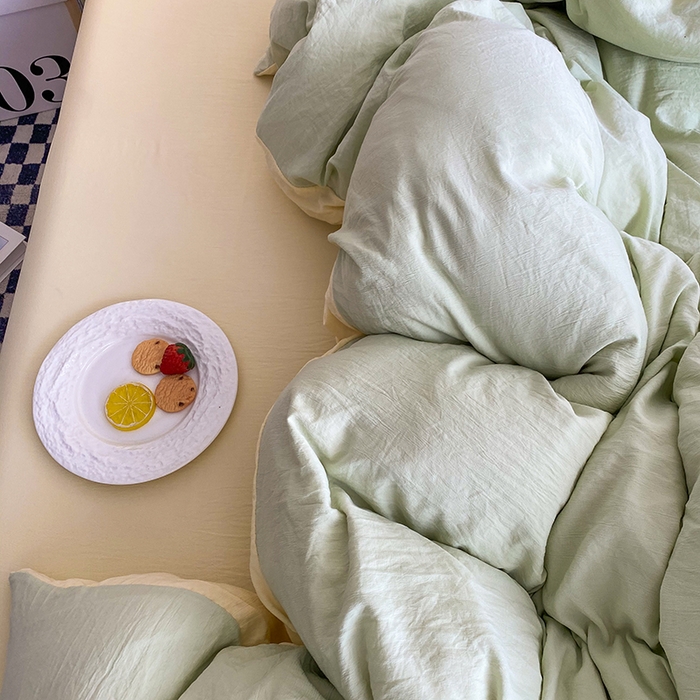 91家纺网 家纺一手货源 找家纺 南通菲度家纺 2025新款超柔皱皱水洗棉纯色四件套 芝士奶绿