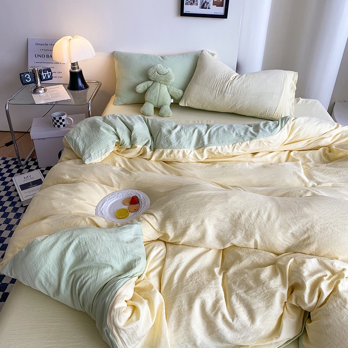 91家纺网 家纺一手货源 找家纺 南通菲度家纺 2025新款超柔皱皱水洗棉纯色四件套 芝士奶绿