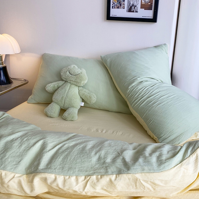 91家纺网 家纺一手货源 找家纺 南通菲度家纺 2025新款超柔皱皱水洗棉纯色四件套 芝士奶绿