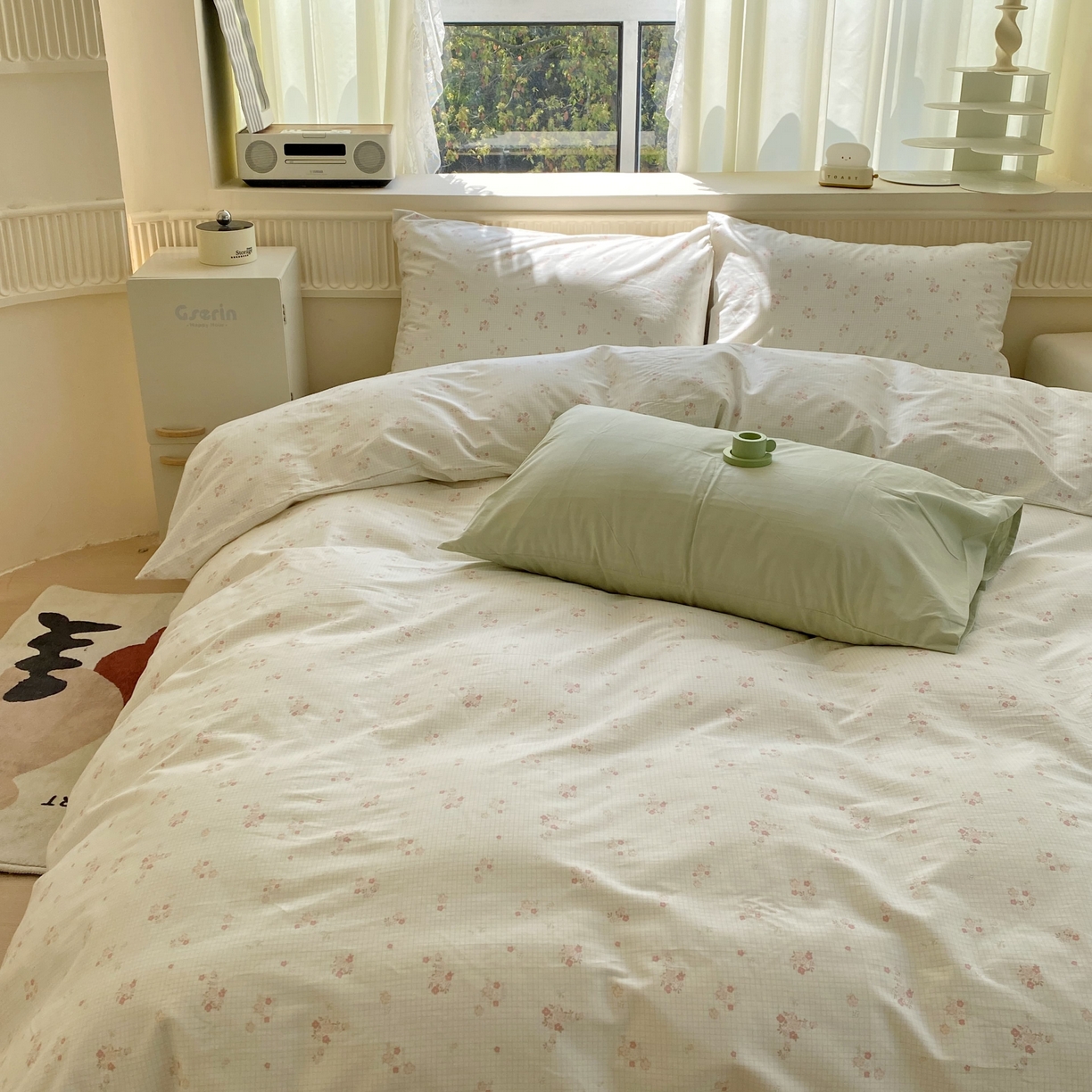 91家纺网 家纺一手货源 找家纺 花海 2025年第一批小清新碎花全棉纯棉四件套40支13372ins博主风学生宿舍印花AA版纯色床单 樱蔓绿