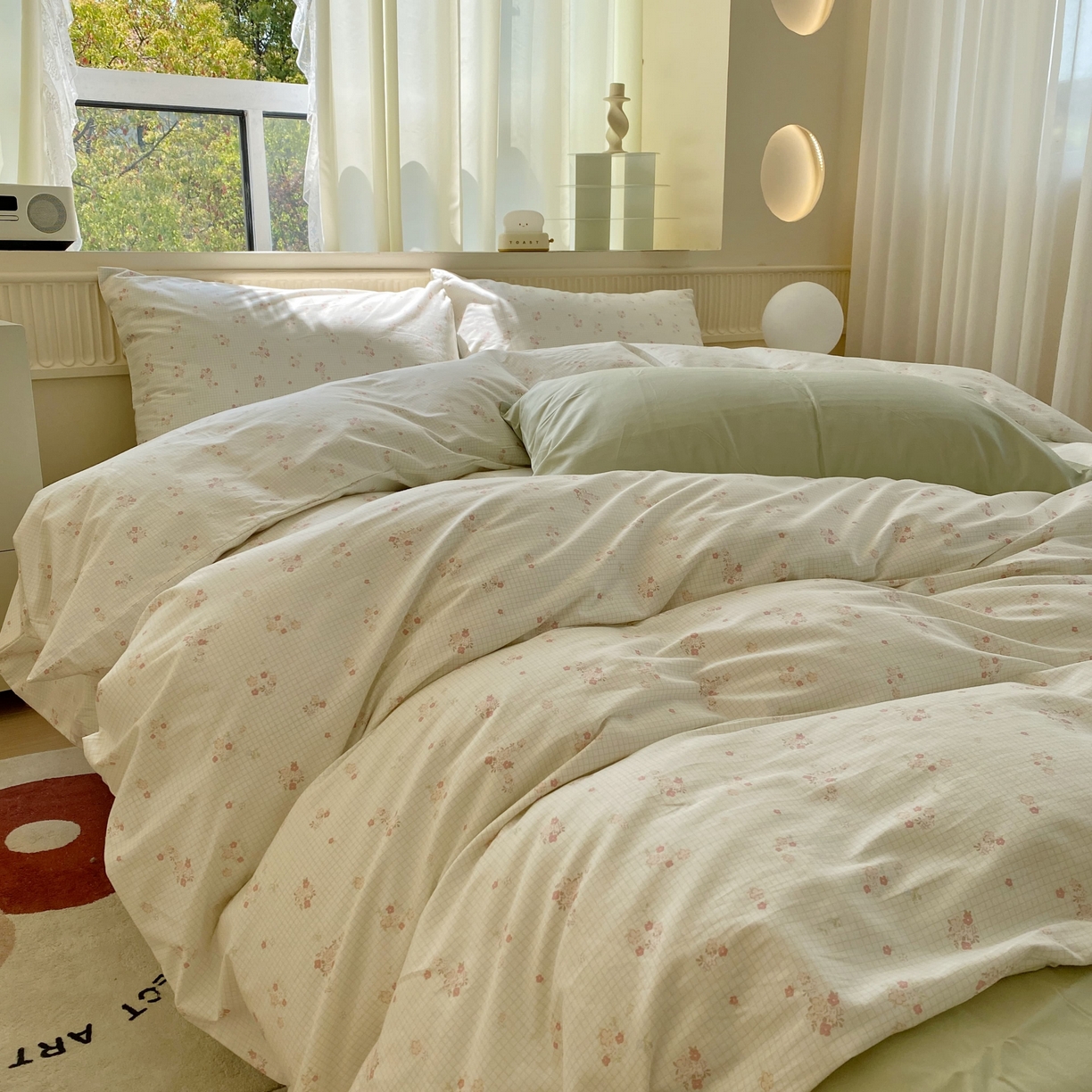 91家纺网 家纺一手货源 找家纺 花海 2025年第一批小清新碎花全棉纯棉四件套40支13372ins博主风学生宿舍印花AA版纯色床单 樱蔓绿