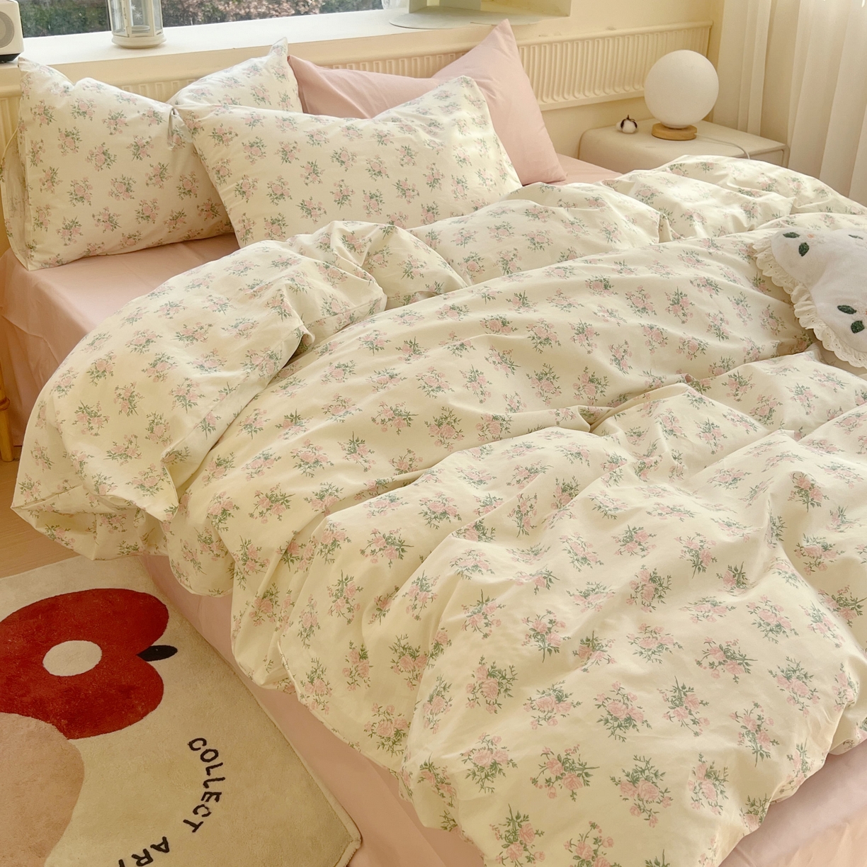 91家纺网 家纺一手货源 找家纺 花海 2025年第一批小清新碎花全棉纯棉四件套40支13372ins博主风学生宿舍印花AA版纯色床单 山茶物语粉