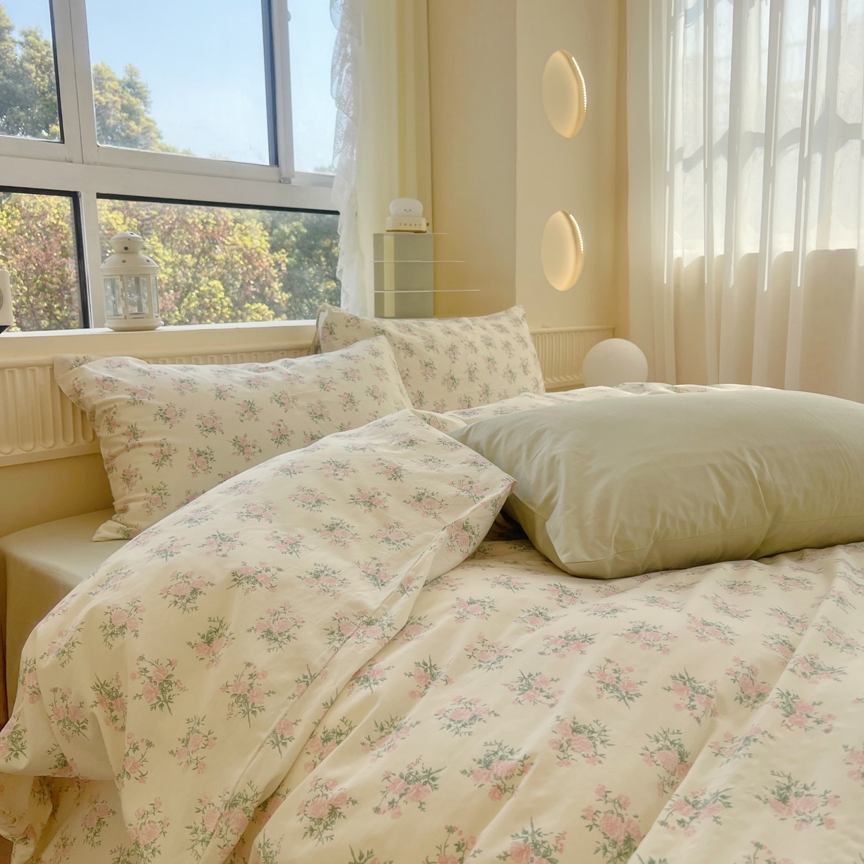 91家纺网 家纺一手货源 找家纺 花海 2025年第一批小清新碎花全棉纯棉四件套40支13372ins博主风学生宿舍印花AA版纯色床单 山茶物语（绿）