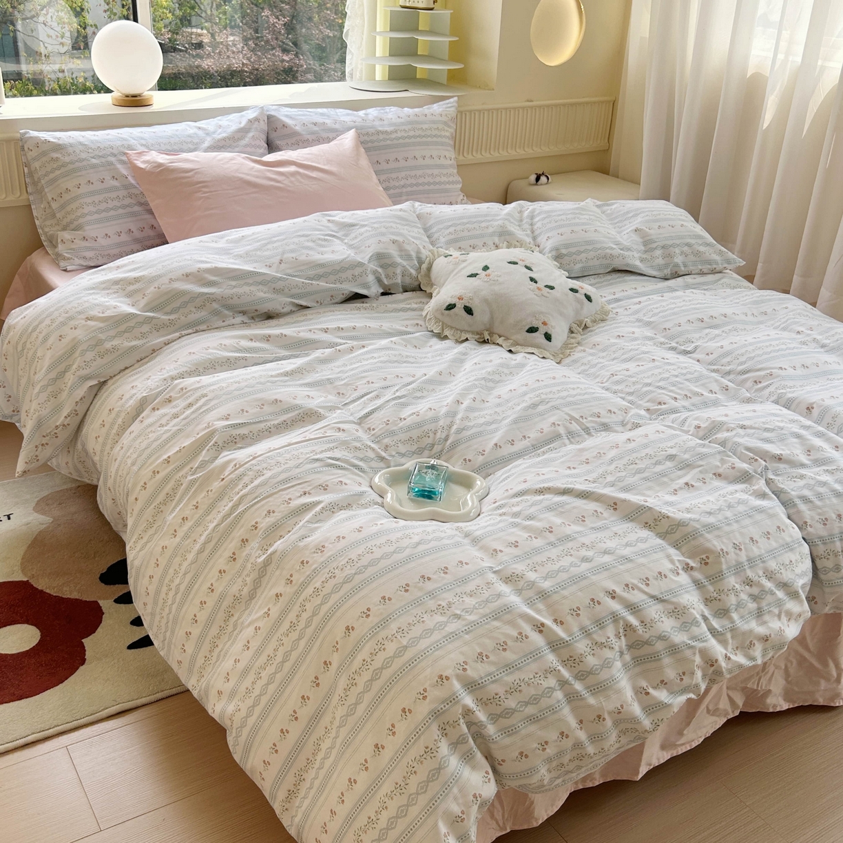 91家纺网 家纺一手货源 找家纺 花海 2025年第一批小清新碎花全棉纯棉四件套40支13372ins博主风学生宿舍印花AA版纯色床单 夏日告白（粉）