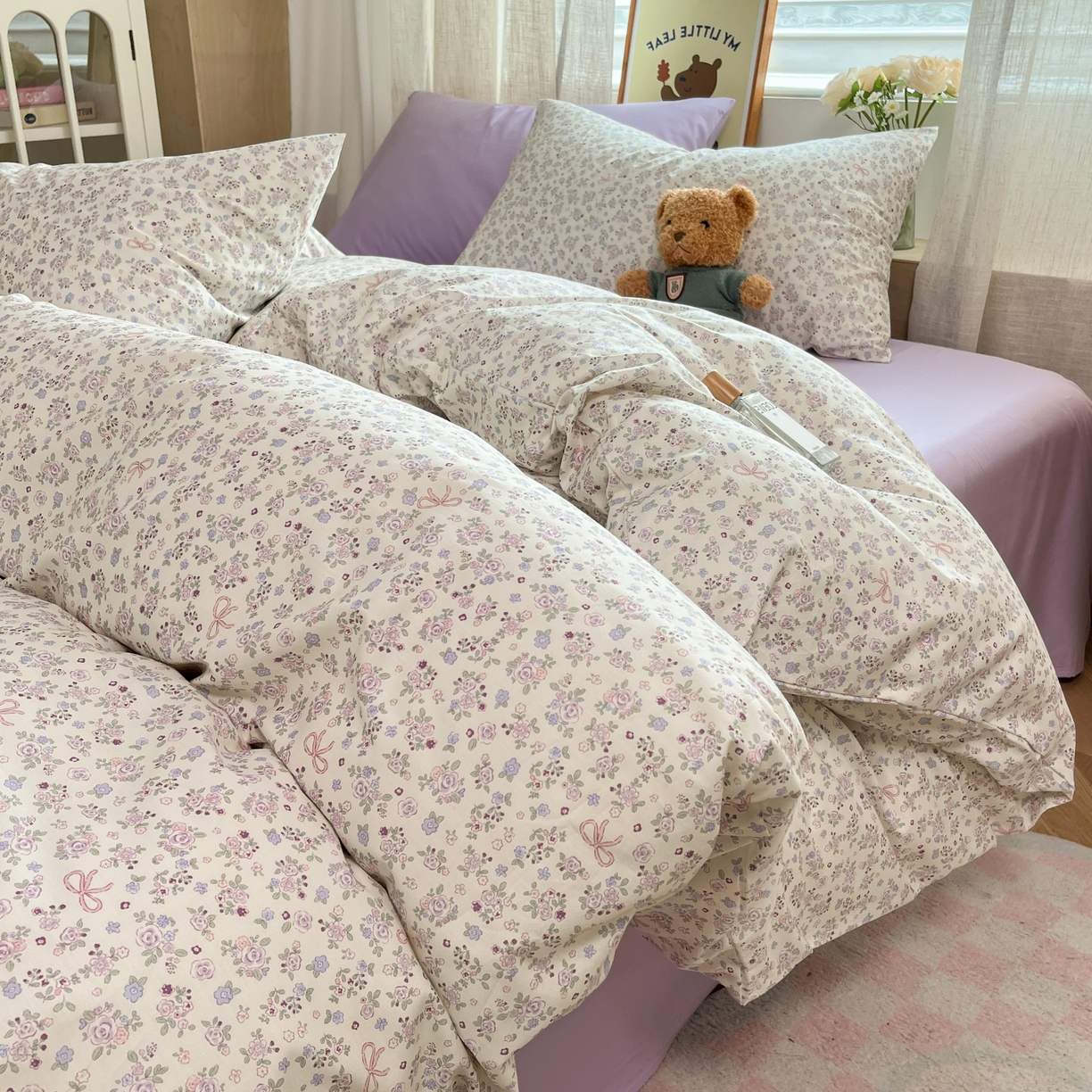 91家纺网 家纺一手货源 找家纺 花海 2025年第二批小清新碎花全棉纯棉四件套40支13372ins博主风学生宿舍印花AA版纯色床单 秘密花园(紫)