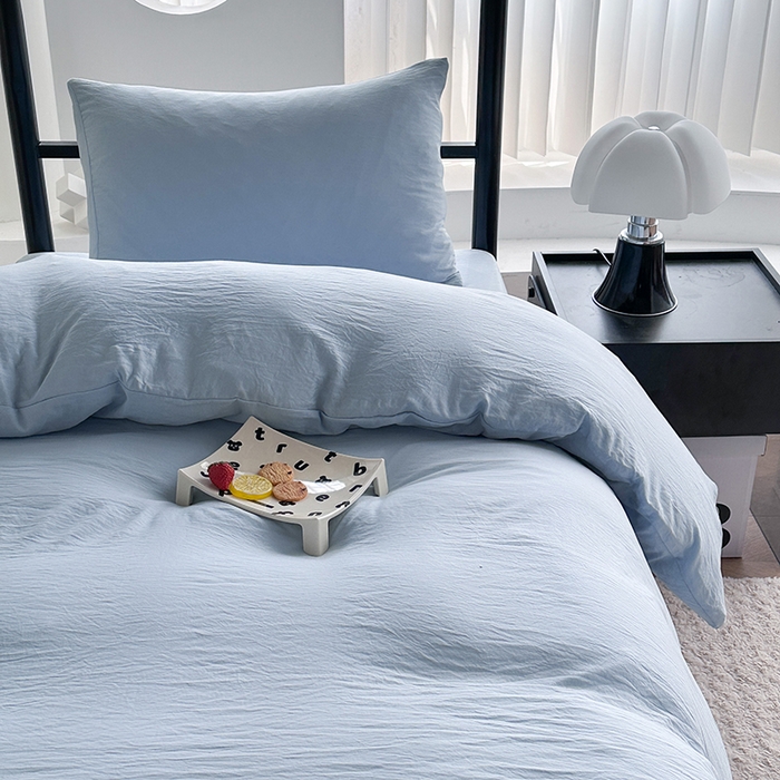 91家纺网 家纺一手货源 找家纺 南通菲度家纺 2025新款超柔皱皱水洗棉学生宿舍四件套 海盐蓝