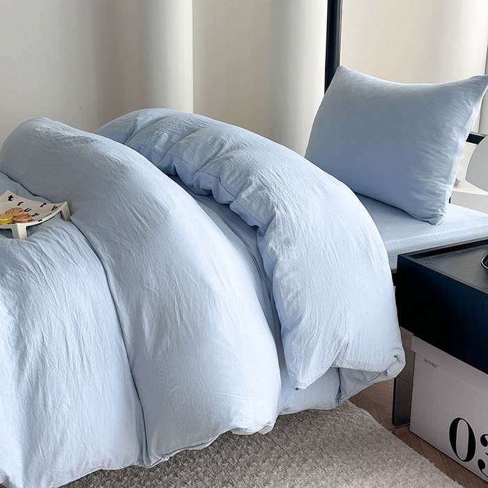 91家纺网 家纺一手货源 找家纺 南通菲度家纺 2025新款超柔皱皱水洗棉学生宿舍四件套 海盐蓝