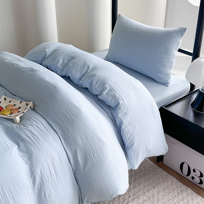 91家纺网 家纺一手货源 找家纺 南通菲度家纺 2025新款超柔皱皱水洗棉学生宿舍四件套 海盐蓝