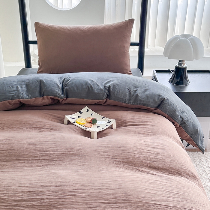 91家纺网 家纺一手货源 找家纺 南通菲度家纺 2025新款超柔皱皱水洗棉学生宿舍四件套 咖啡深灰