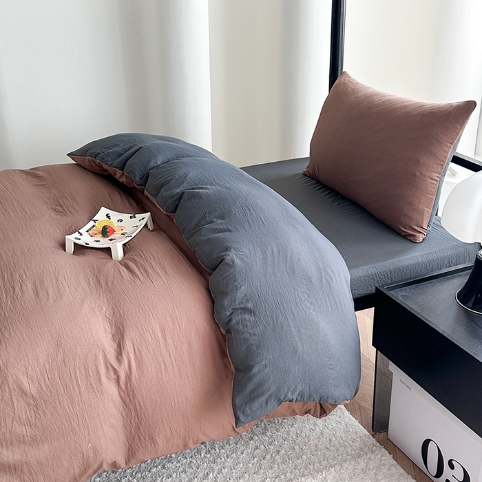 91家纺网 家纺一手货源 找家纺 南通菲度家纺 2025新款超柔皱皱水洗棉学生宿舍四件套 咖啡深灰