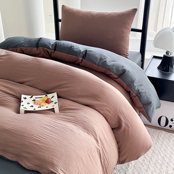 91家纺网 家纺一手货源 找家纺 南通菲度家纺 2025新款超柔皱皱水洗棉学生宿舍四件套 咖啡深灰