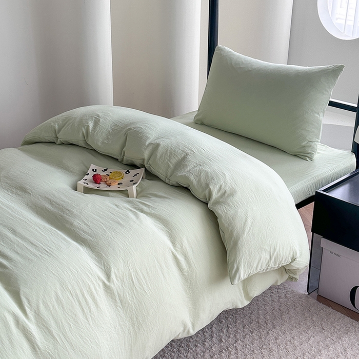 91家纺网 家纺一手货源 找家纺 南通菲度家纺 2025新款超柔皱皱水洗棉学生宿舍四件套 奶绿色