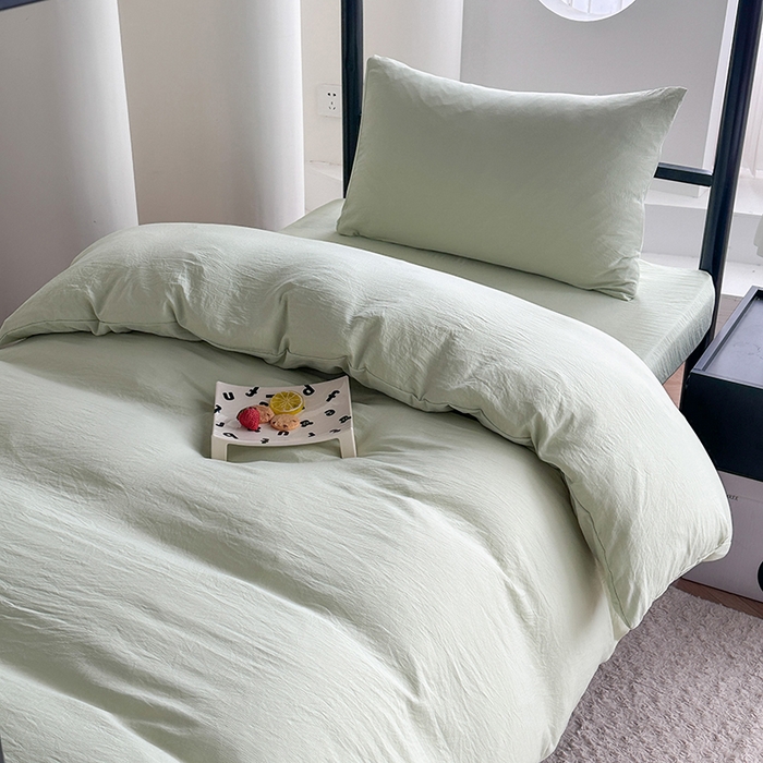 91家纺网 家纺一手货源 找家纺 南通菲度家纺 2025新款超柔皱皱水洗棉学生宿舍四件套 奶绿色