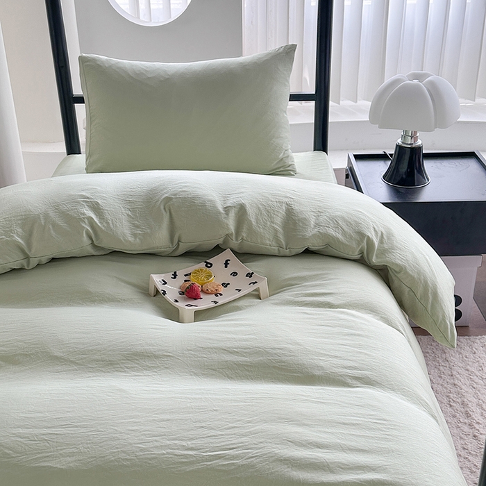 91家纺网 家纺一手货源 找家纺 南通菲度家纺 2025新款超柔皱皱水洗棉学生宿舍四件套 奶绿色