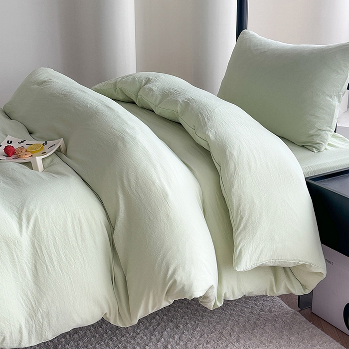 91家纺网 家纺一手货源 找家纺 南通菲度家纺 2025新款超柔皱皱水洗棉学生宿舍四件套 奶绿色