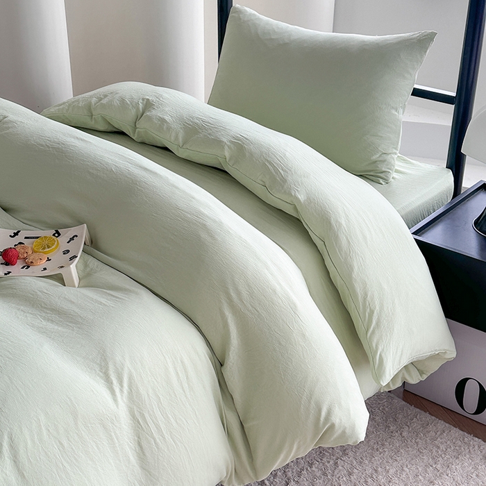 91家纺网 家纺一手货源 找家纺 南通菲度家纺 2025新款超柔皱皱水洗棉学生宿舍四件套 奶绿色