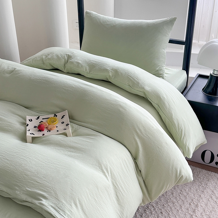 91家纺网 家纺一手货源 找家纺 南通菲度家纺 2025新款超柔皱皱水洗棉学生宿舍四件套 奶绿色