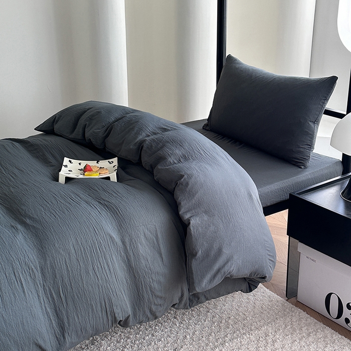 91家纺网 家纺一手货源 找家纺 南通菲度家纺 2025新款超柔皱皱水洗棉学生宿舍四件套 深灰