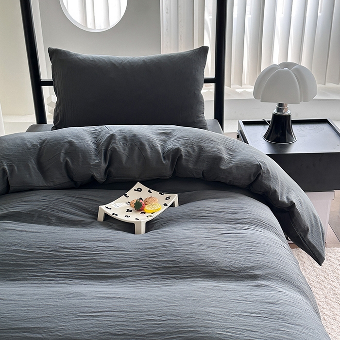 91家纺网 家纺一手货源 找家纺 南通菲度家纺 2025新款超柔皱皱水洗棉学生宿舍四件套 深灰