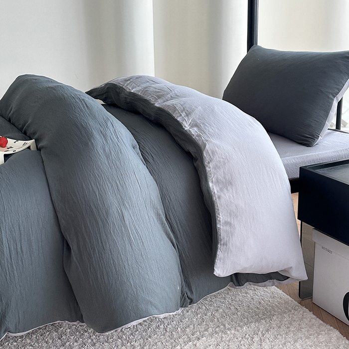 91家纺网 家纺一手货源 找家纺 南通菲度家纺 2025新款超柔皱皱水洗棉学生宿舍四件套 深灰浅灰