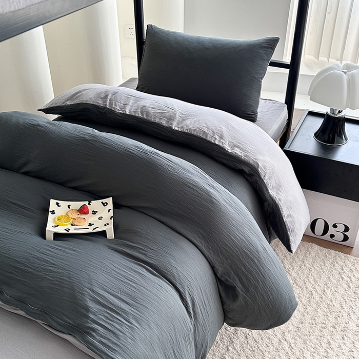 91家纺网 家纺一手货源 找家纺 南通菲度家纺 2025新款超柔皱皱水洗棉学生宿舍四件套 深灰浅灰