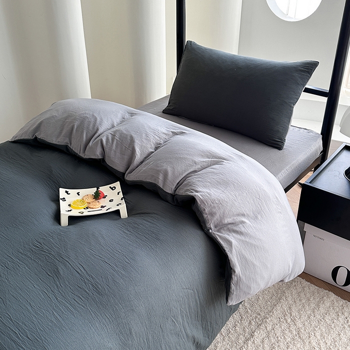 91家纺网 家纺一手货源 找家纺 南通菲度家纺 2025新款超柔皱皱水洗棉学生宿舍四件套 深灰浅灰