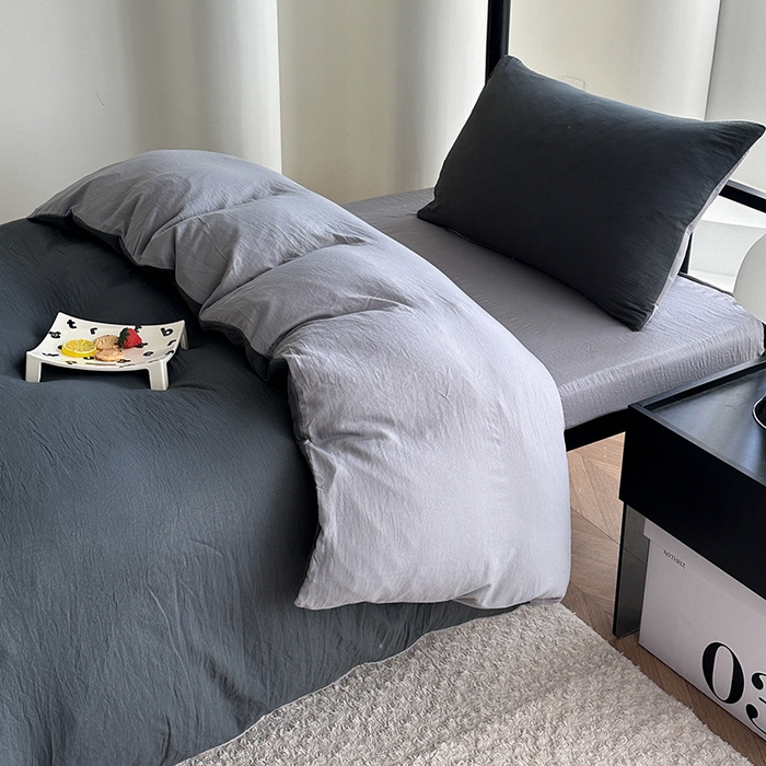 91家纺网 家纺一手货源 找家纺 南通菲度家纺 2025新款超柔皱皱水洗棉学生宿舍四件套 深灰浅灰