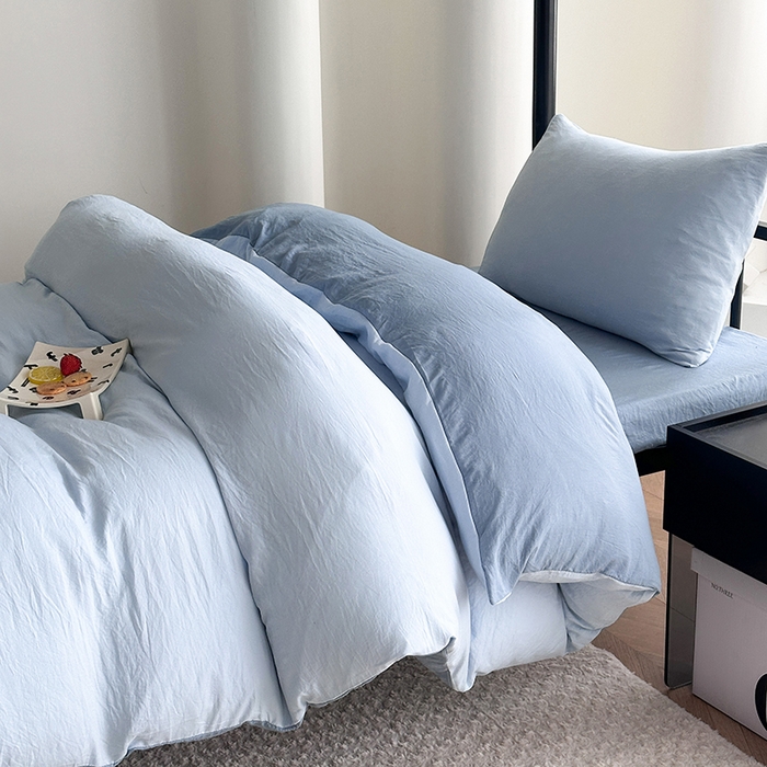 91家纺网 家纺一手货源 找家纺 南通菲度家纺 2025新款超柔皱皱水洗棉学生宿舍四件套 雾蓝月光蓝