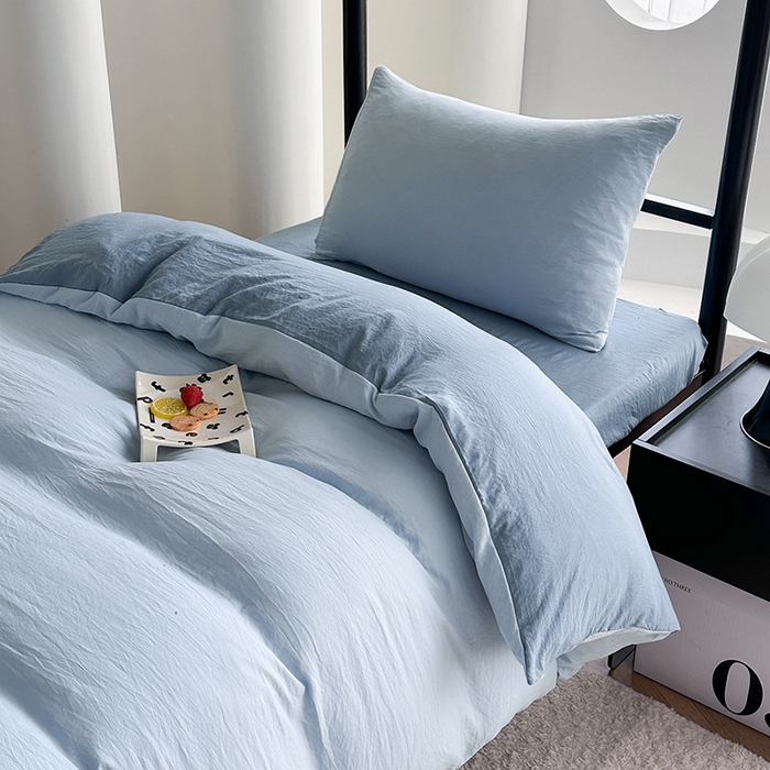 91家纺网 家纺一手货源 找家纺 南通菲度家纺 2025新款超柔皱皱水洗棉学生宿舍四件套 雾蓝月光蓝