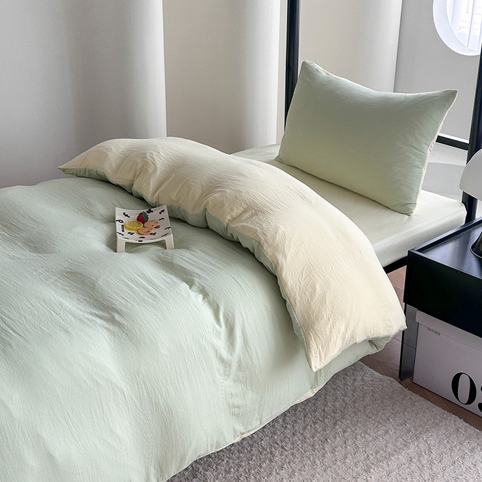91家纺网 家纺一手货源 找家纺 南通菲度家纺 2025新款超柔皱皱水洗棉学生宿舍四件套 芝士奶绿
