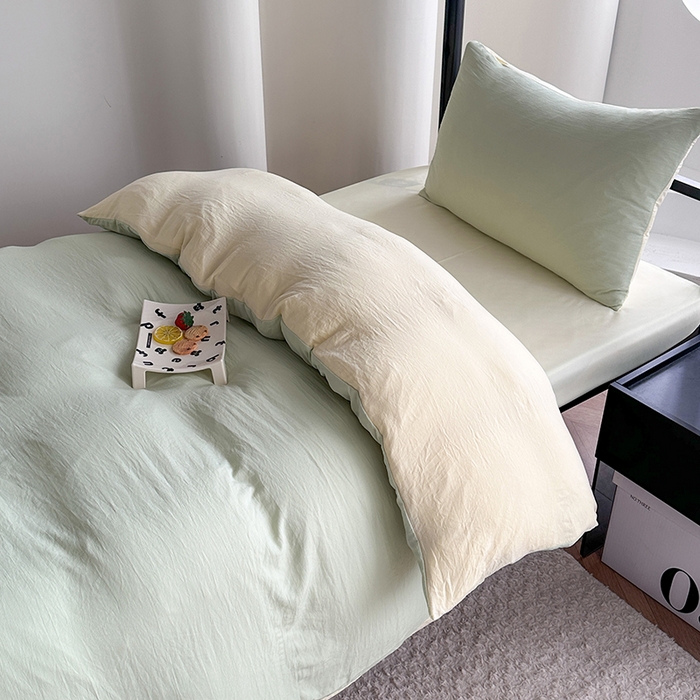 91家纺网 家纺一手货源 找家纺 南通菲度家纺 2025新款超柔皱皱水洗棉学生宿舍四件套 芝士奶绿