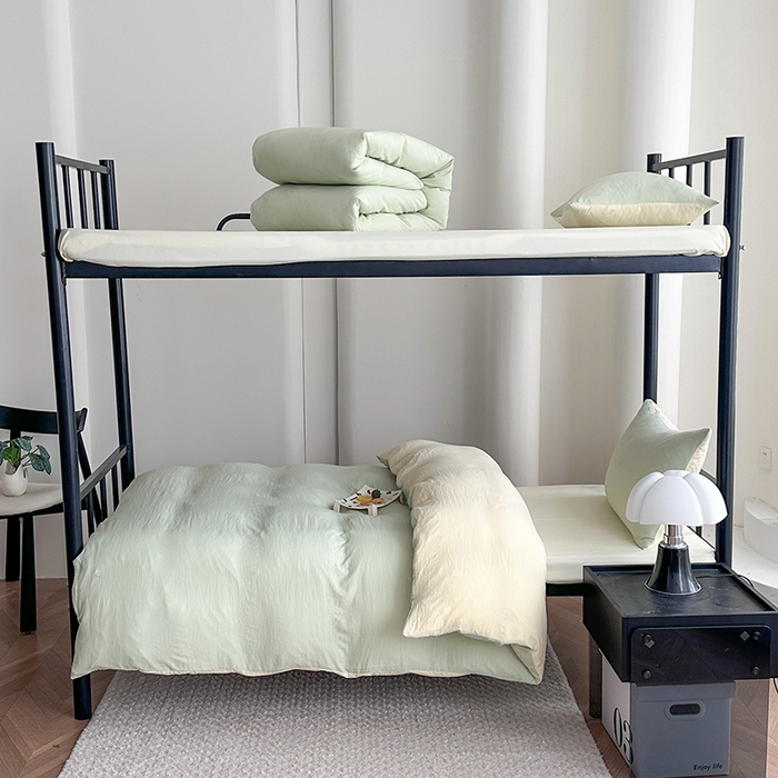 91家纺网 家纺一手货源 找家纺 南通菲度家纺 2025新款超柔皱皱水洗棉学生宿舍四件套 芝士奶绿