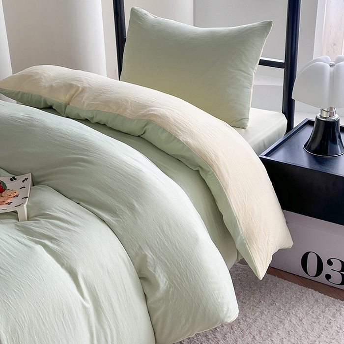 91家纺网 家纺一手货源 找家纺 南通菲度家纺 2025新款超柔皱皱水洗棉学生宿舍四件套 芝士奶绿