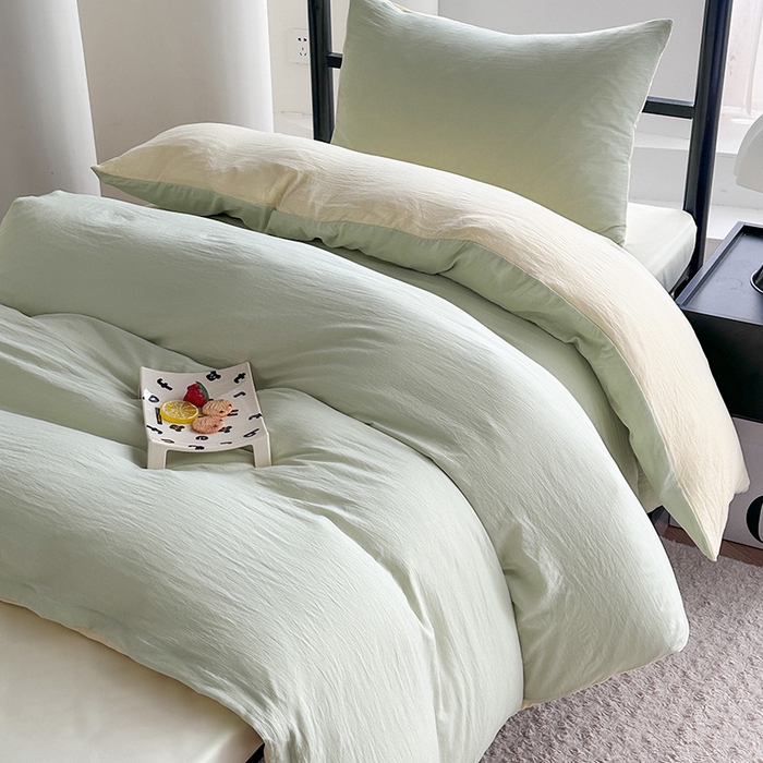 91家纺网 家纺一手货源 找家纺 南通菲度家纺 2025新款超柔皱皱水洗棉学生宿舍四件套 芝士奶绿