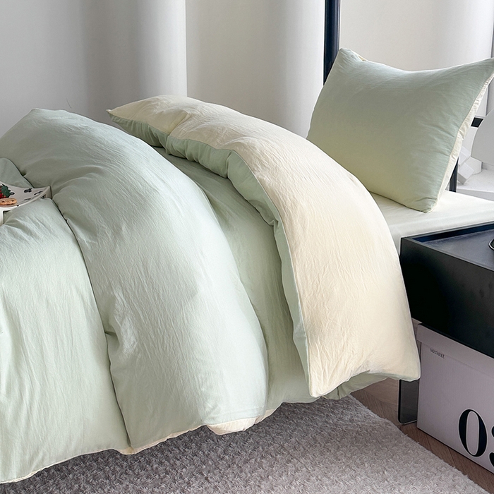 91家纺网 家纺一手货源 找家纺 南通菲度家纺 2025新款超柔皱皱水洗棉学生宿舍四件套 芝士奶绿