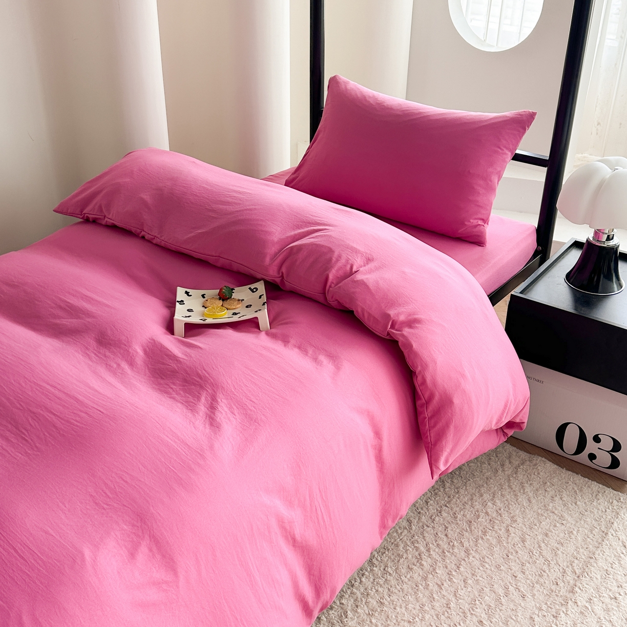 91家纺网 家纺一手货源 找家纺 南通菲度家纺 2025新款超柔皱皱水洗棉学生宿舍四件套 玫红