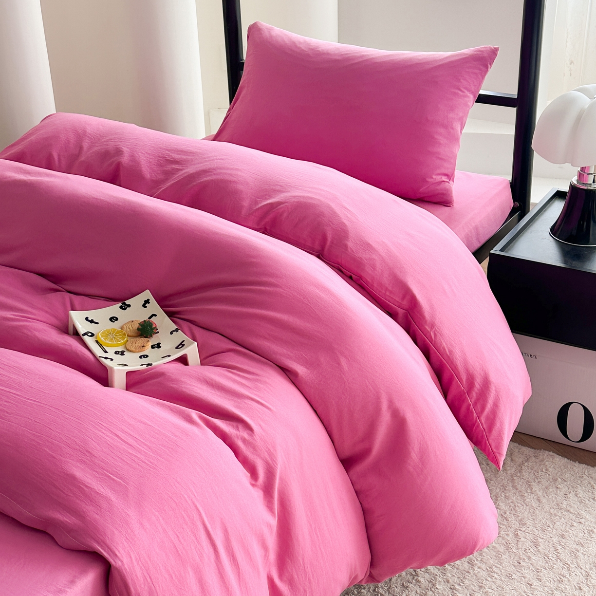 91家纺网 家纺一手货源 找家纺 南通菲度家纺 2025新款超柔皱皱水洗棉学生宿舍四件套 玫红