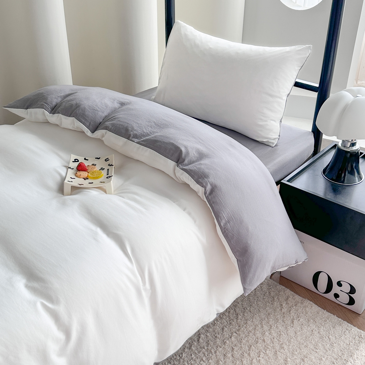 91家纺网 家纺一手货源 找家纺 南通菲度家纺 2025新款超柔皱皱水洗棉学生宿舍四件套 奶白灰