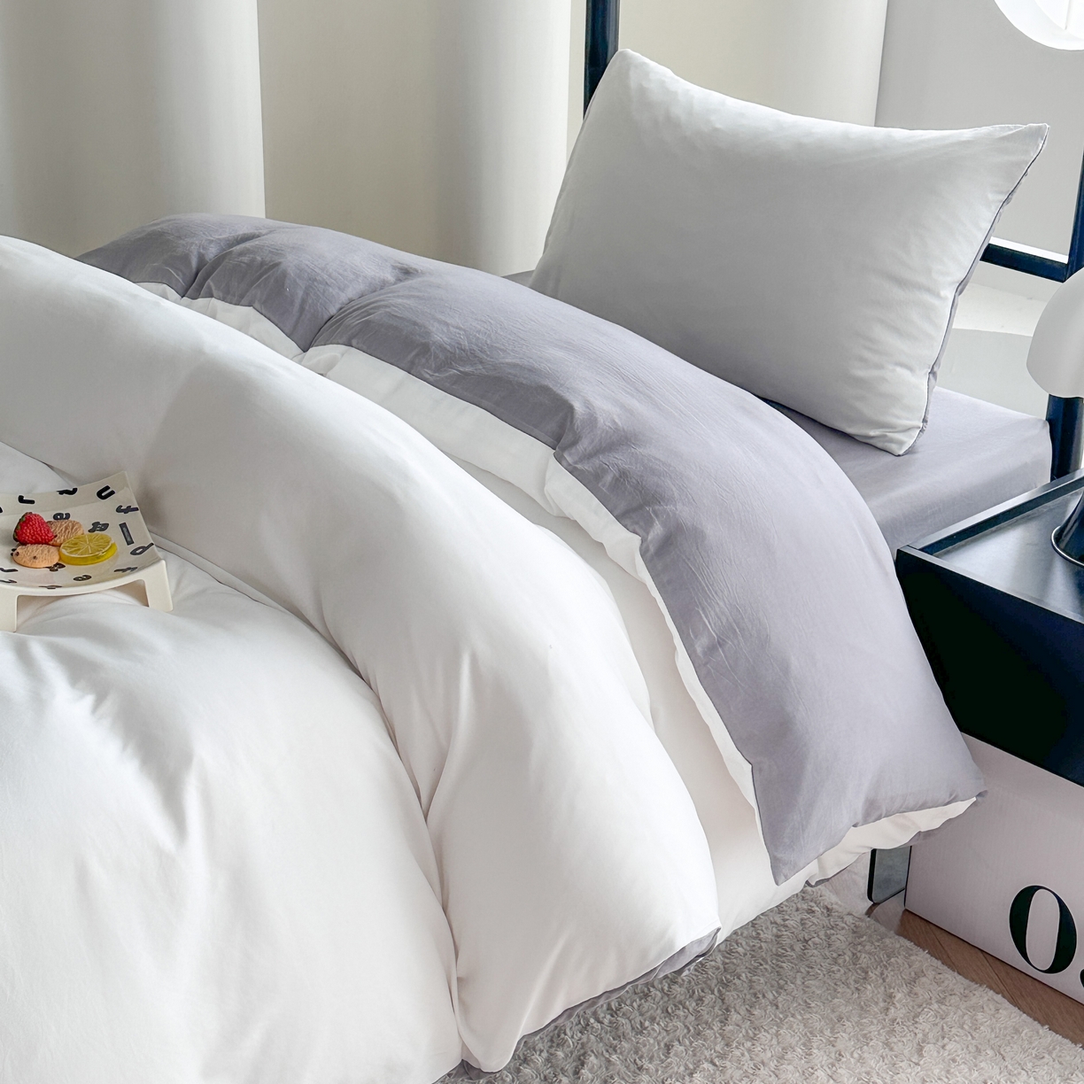 91家纺网 家纺一手货源 找家纺 南通菲度家纺 2025新款超柔皱皱水洗棉学生宿舍四件套 奶白灰