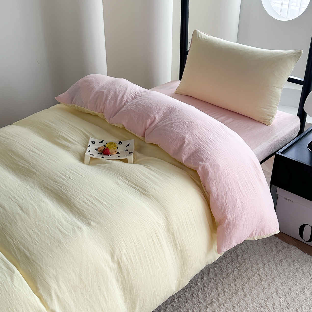 91家纺网 家纺一手货源 找家纺 南通菲度家纺 2025新款超柔皱皱水洗棉学生宿舍四件套 奶黄粉