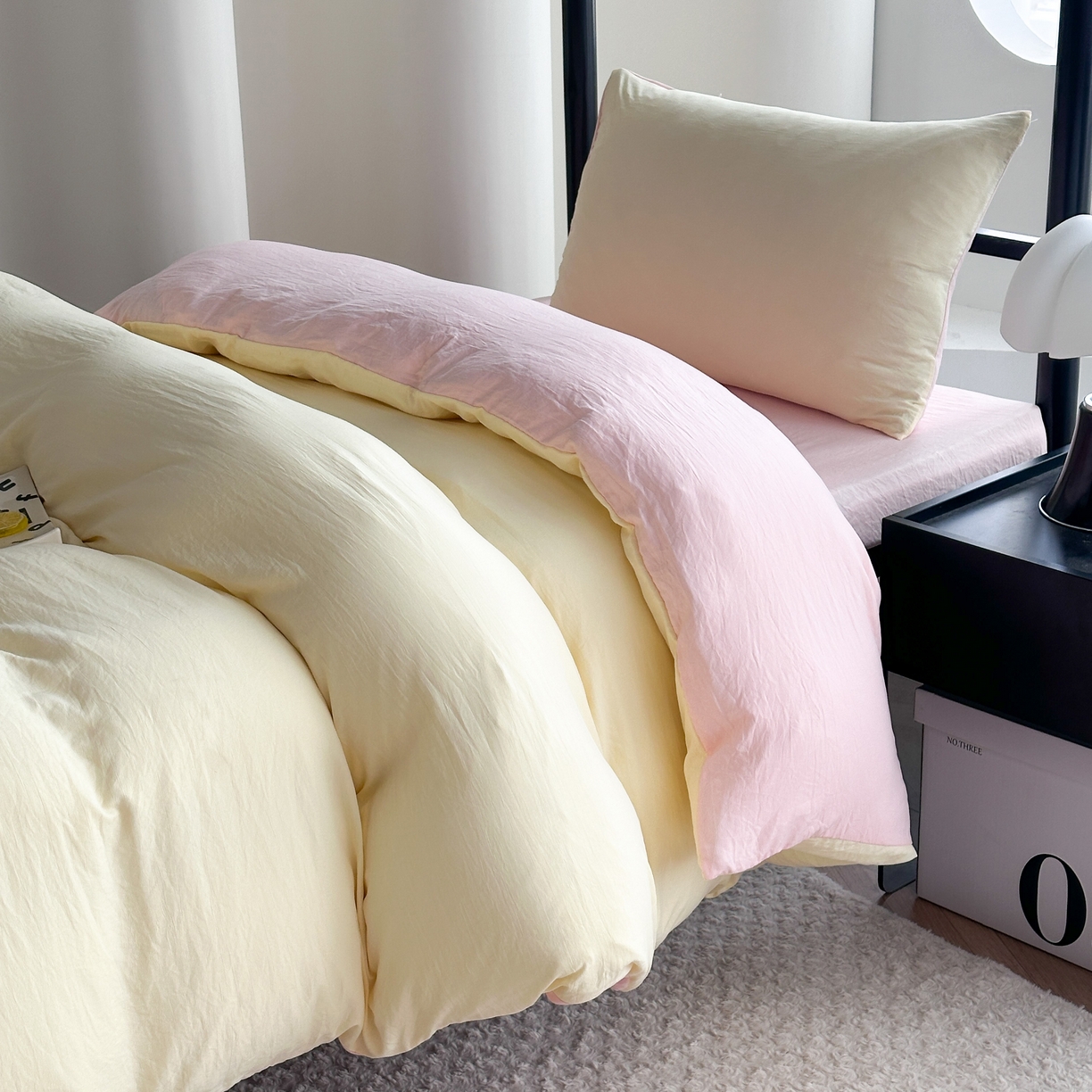 91家纺网 家纺一手货源 找家纺 南通菲度家纺 2025新款超柔皱皱水洗棉学生宿舍四件套 奶黄粉