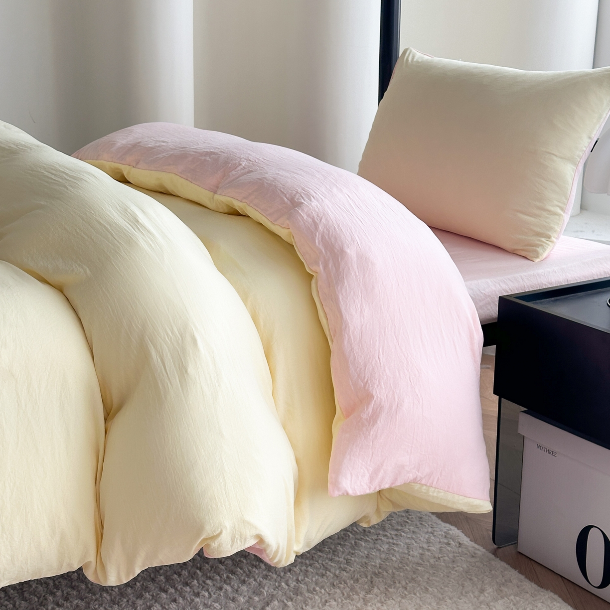 91家纺网 家纺一手货源 找家纺 南通菲度家纺 2025新款超柔皱皱水洗棉学生宿舍四件套 奶黄粉