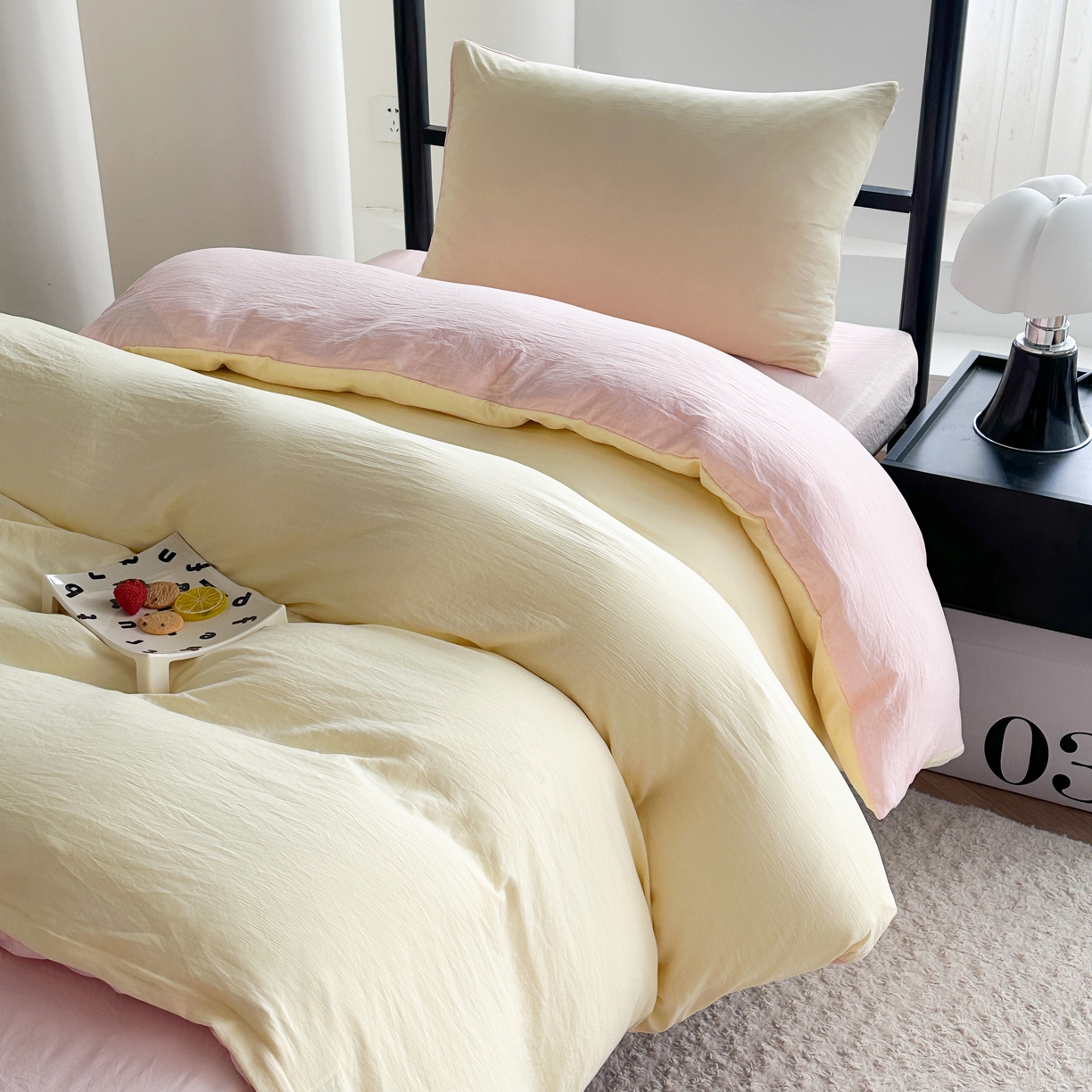 91家纺网 家纺一手货源 找家纺 南通菲度家纺 2025新款超柔皱皱水洗棉学生宿舍四件套 奶黄粉