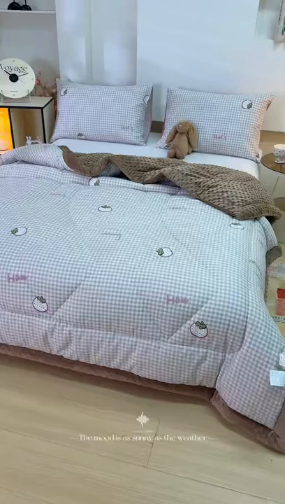 91家纺网 家纺一手货源 找家纺 黛妮雅2025新款全棉豆豆绒春秋被学生单双人被子被芯冬被（提供买家秀）格纹草莓咖